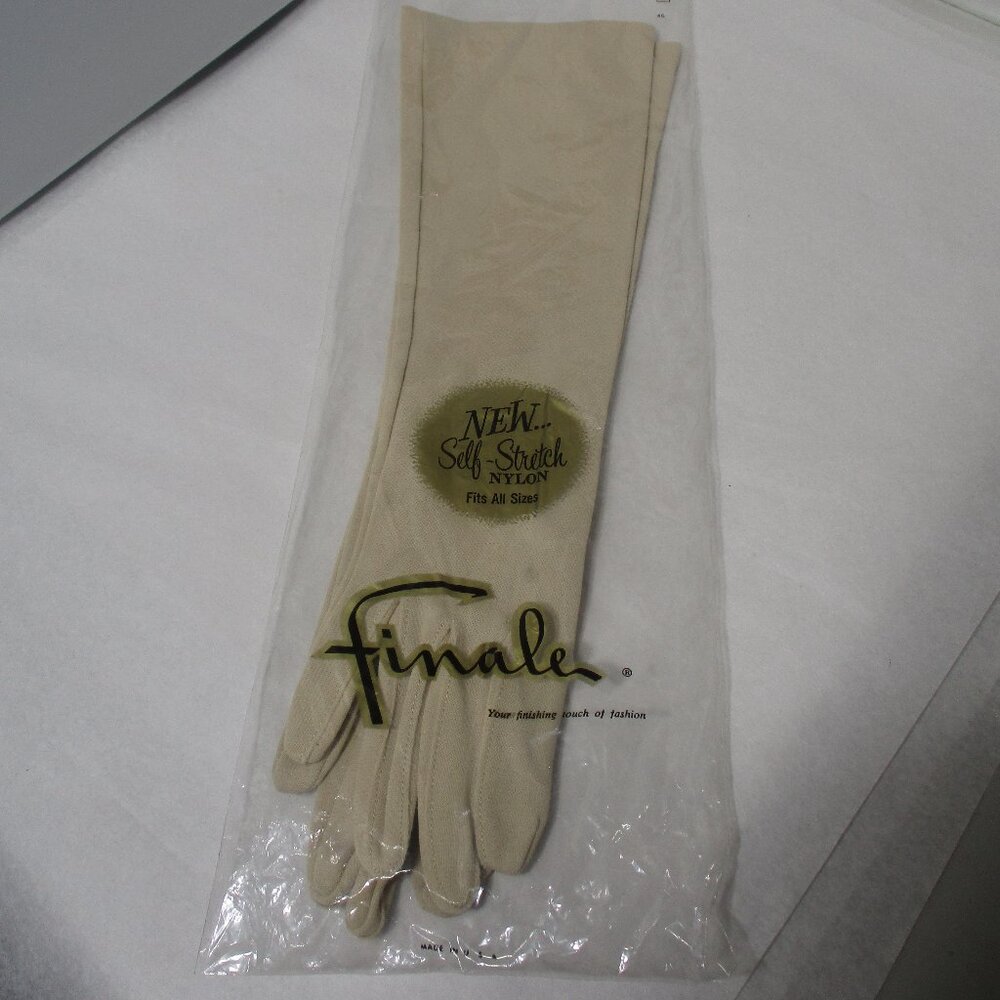 NOS Vintage Ladies Beige Nylon  Long Dress Gloves 1960's
